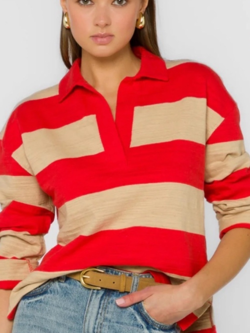 VELVET HEART! Red & Beige Striped Rugby Polo Top! Perfect w jeans! New! XL